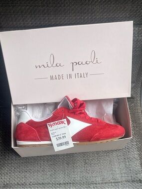 Mila Paoli Red Suede Sneakers with White Accent